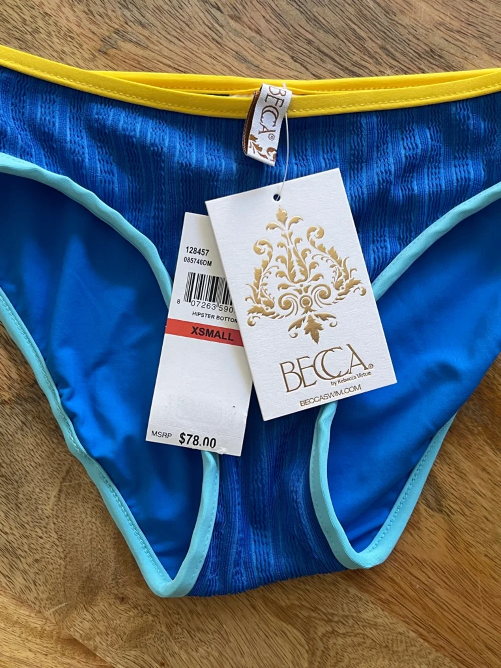 BECCA Hipster Blue Bikini Bottom with Yellow Waistband and Aqua Trim